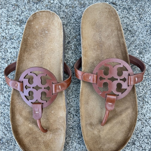 Tory Burch Shoes - Tory Burch Brown Leather Logo Thong Sandals
